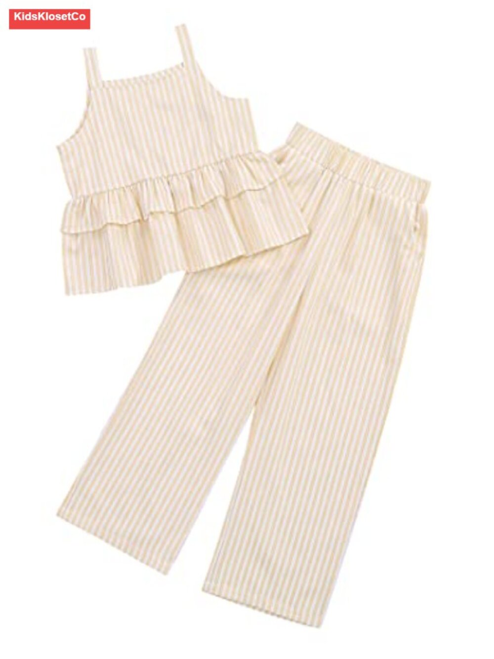 Girls 2 Piece Striped Cami Top & Wide Leg Pants Set Ruffle Hem Summer Play